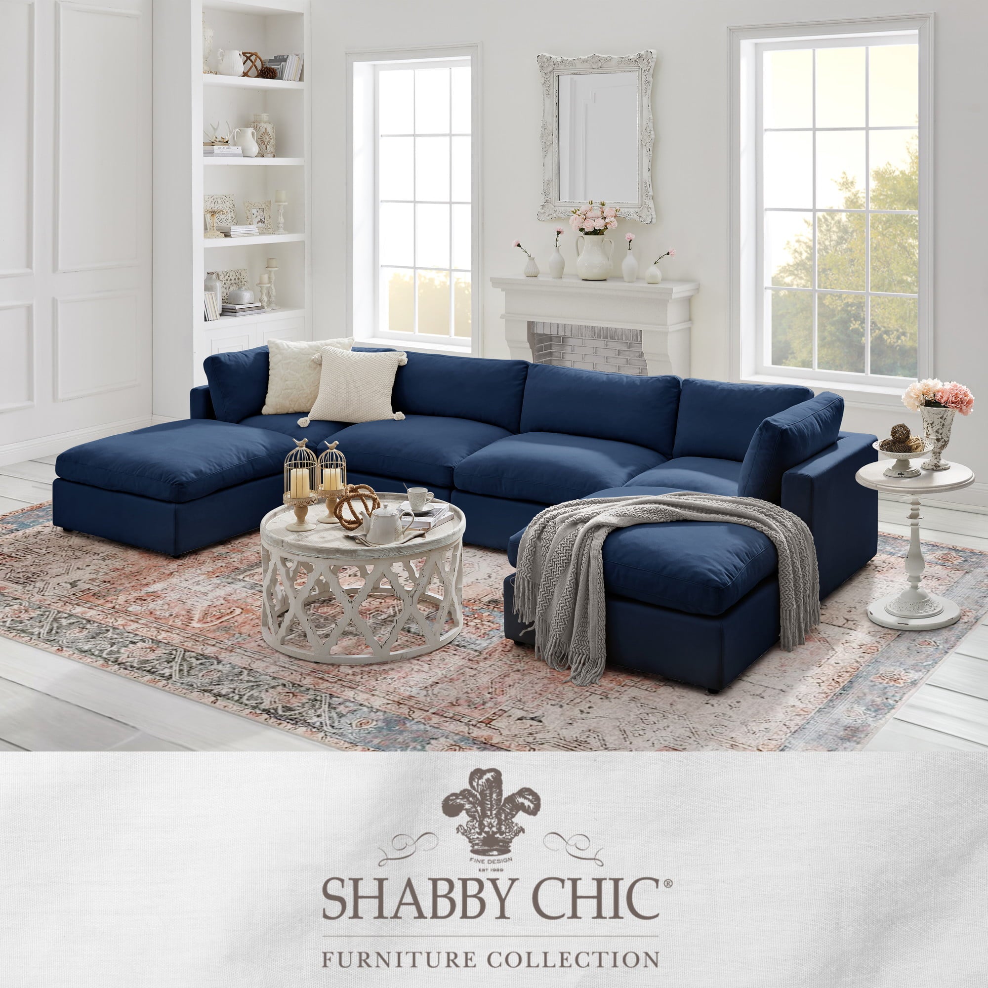 Shabby Chic Saniyah Navy Linen Sofa U-Chaise Sectional