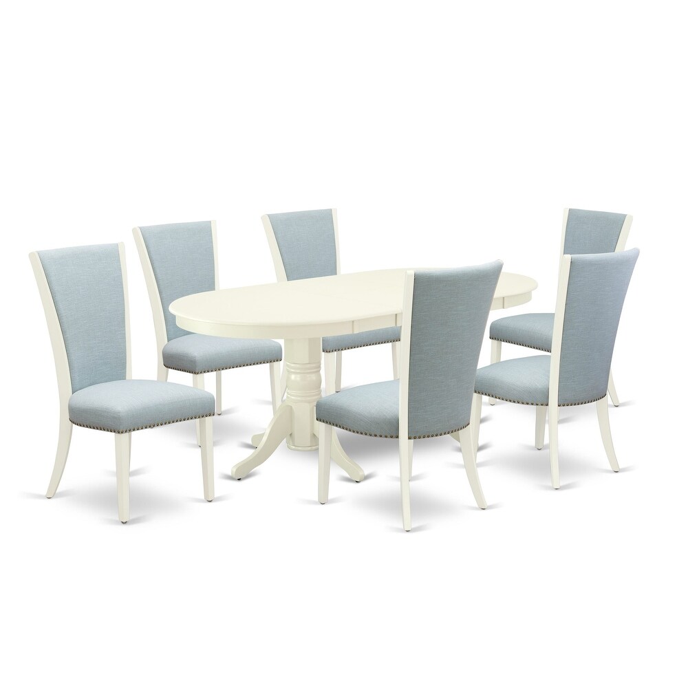 East West Furniture Dining Table Set  an Oval Dinner Table and Baby Blue Linen Fabric Chairs  Linen White(Pieces Options)