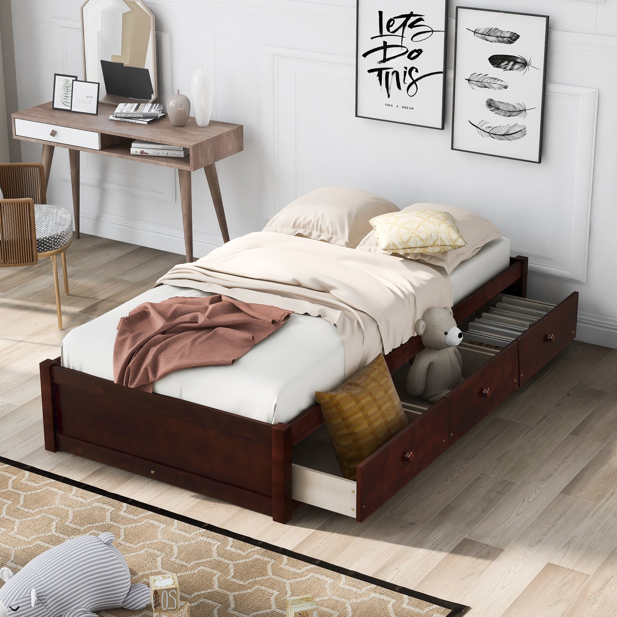 Twin Bed with Storage Platform Bed with 3 Drawers Captain Bed Frame