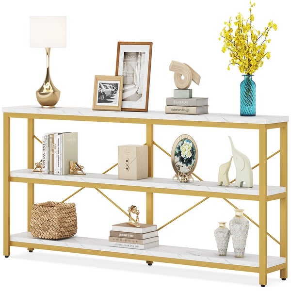 Brown Industrial Extra Long Console Sofa Table，White/ Gold 3 Tiers TV Stand