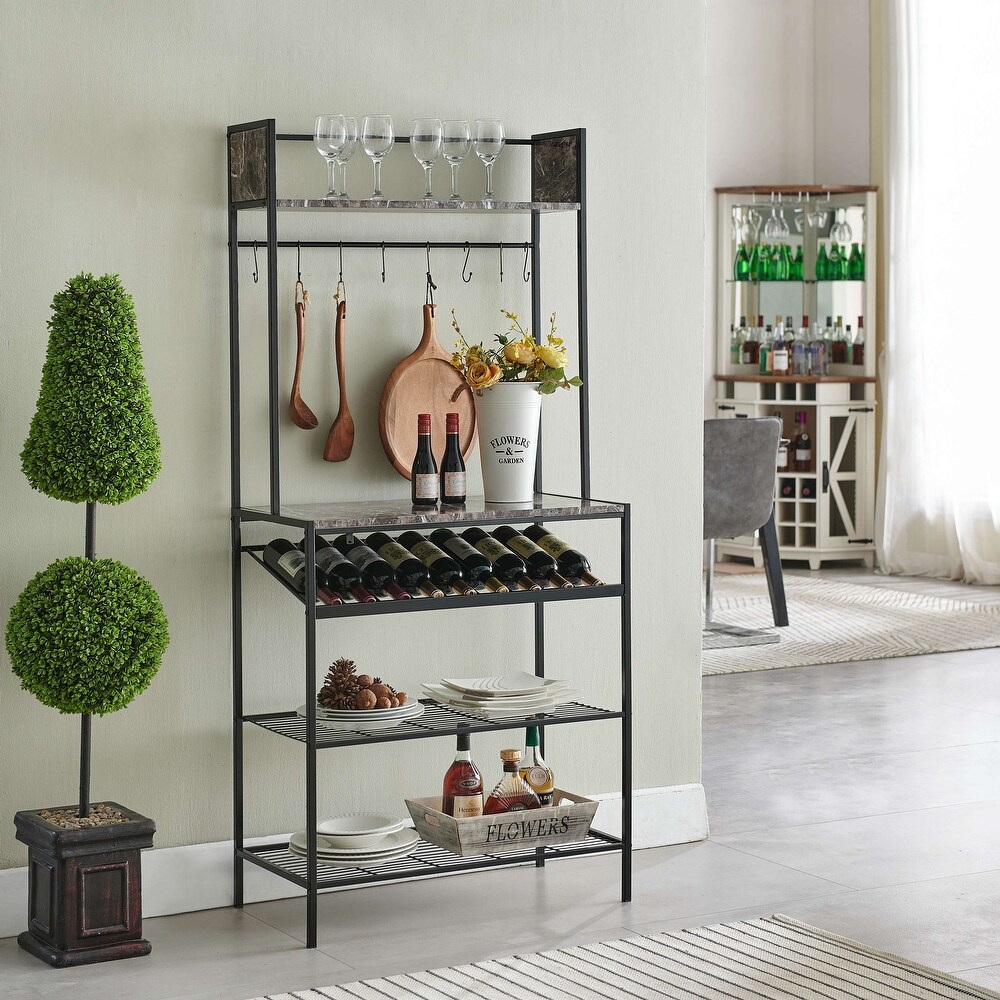 Black Marble Baker’s Rack   Microwave Stand for Kitchen with Wine Bottle Capacity   Hooks  Black