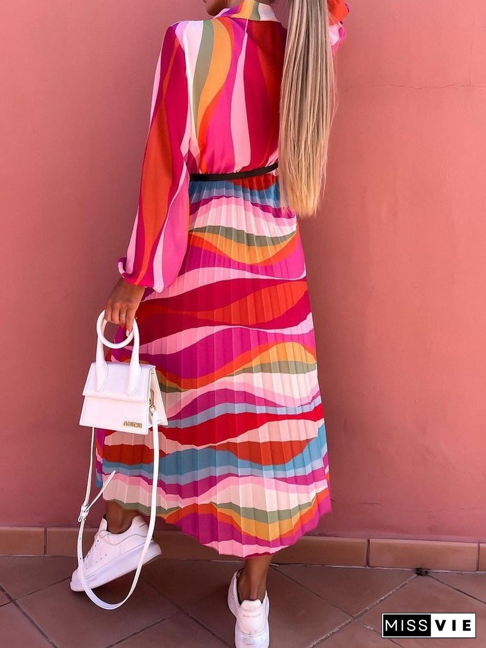 Women'S Dresses Rainbow Print Belt Long Sleeve Dress