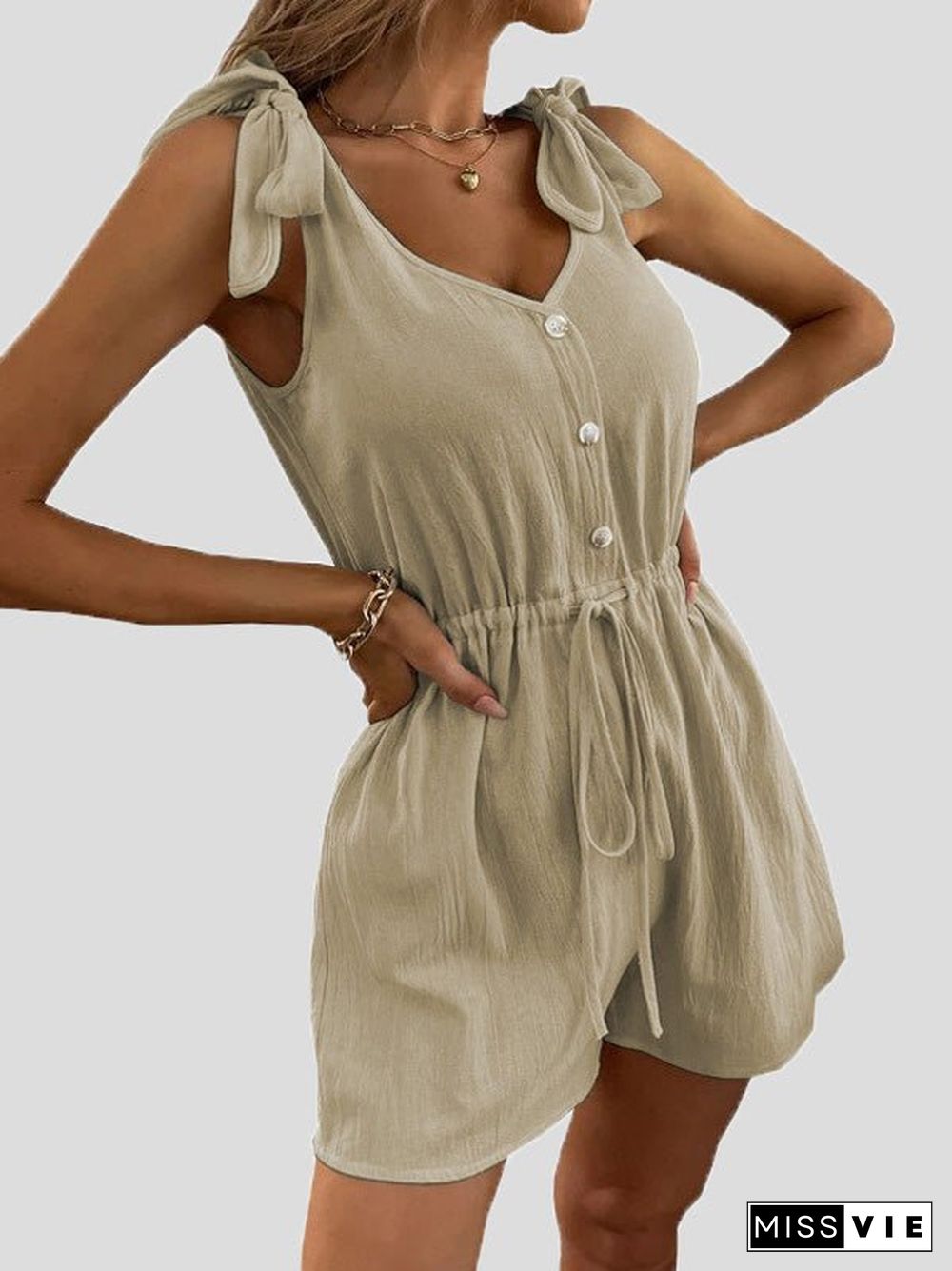 Women'S Jumpsuits Solid V-Neck Button Belted Jumpsuit