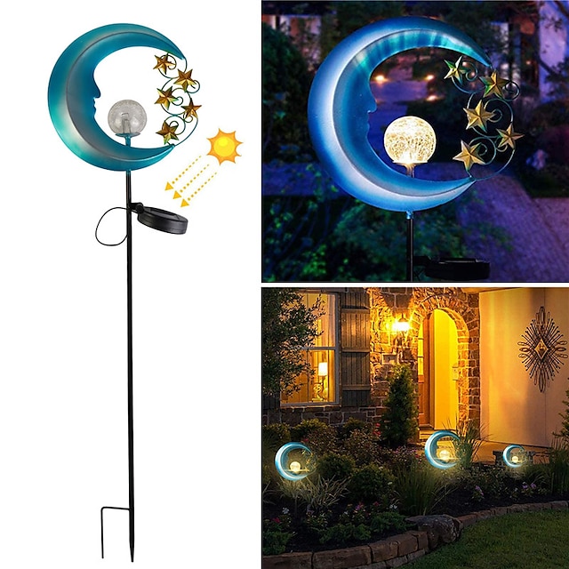 Outdoor Stars Moon Solar Power Light Romantic Moon Angel Retro Metal Lamp With Crackle Glass Globe Led For Courtyard Garden Landscape Lighting 1X