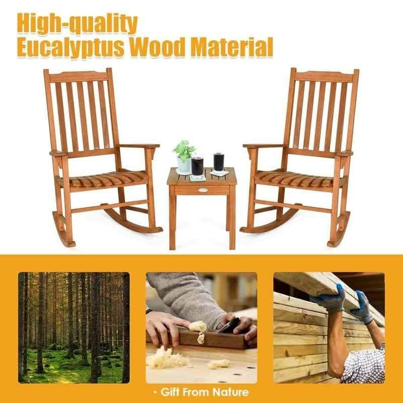 3 Pcs Eucalyptus Rocking Chair Set Outdoor Bistro Set with Accent Coffee Table