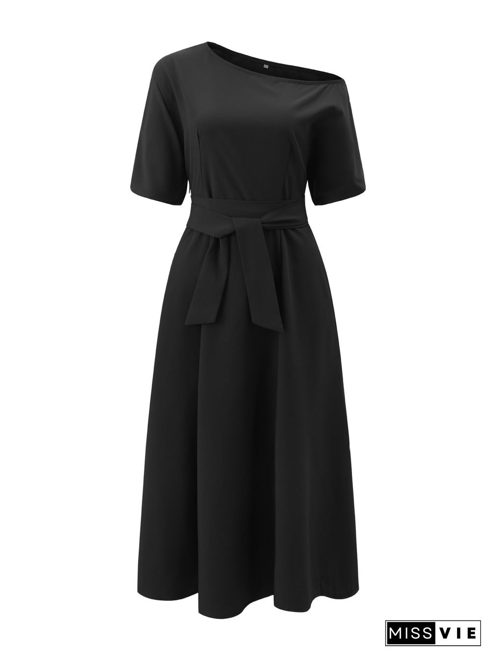 Off Shoulder Short Sleeve Waist Tie Maxi Dress