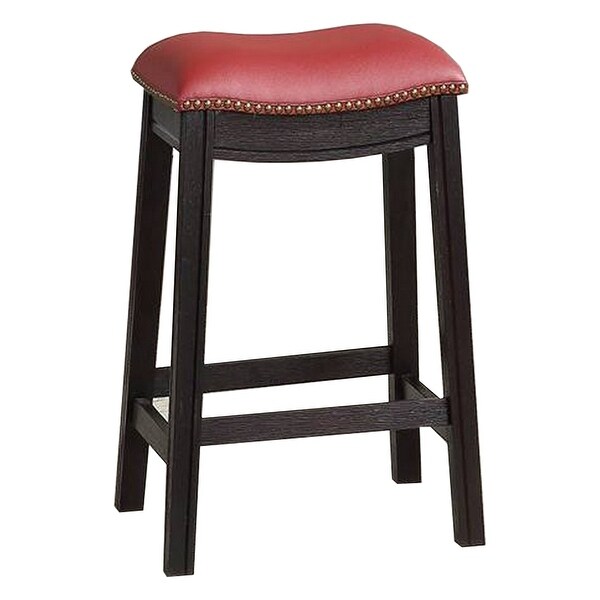 24 Inch Padded Counter Stool with Nailhead Trim， Set of 2， Brown and Red