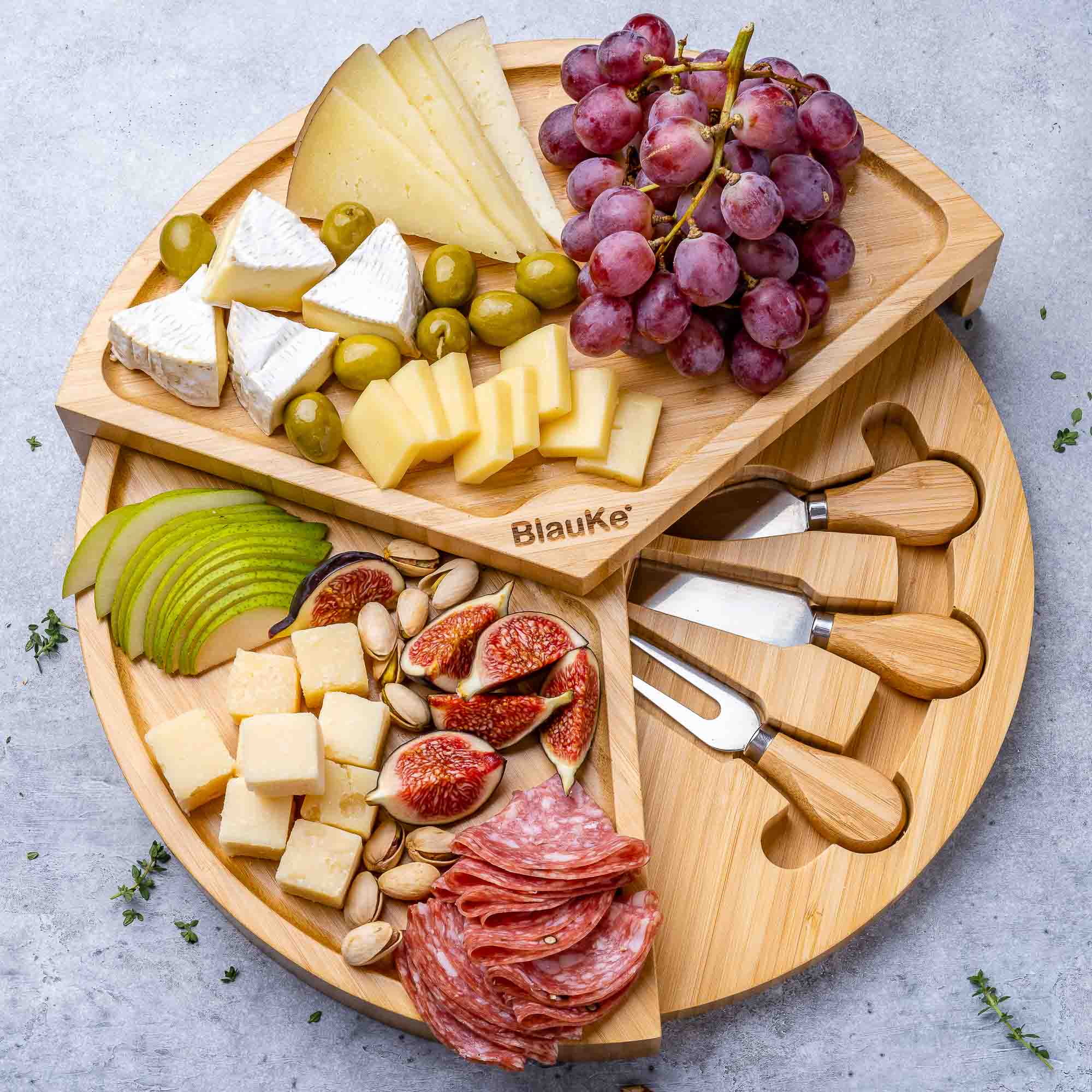 BlauKe® Bamboo Cheese Board and Knife Set – 14 inch Round Charcuterie Board， Serving Tray， Platter， Wood Cheese Board Set with Slide-Out Drawer