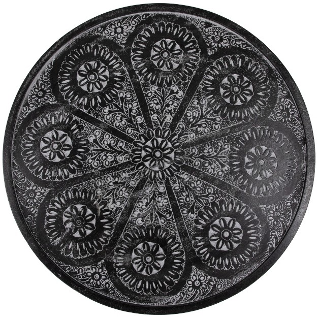 Charcoal Black And Gray Floral Engraved Wooden Side Table