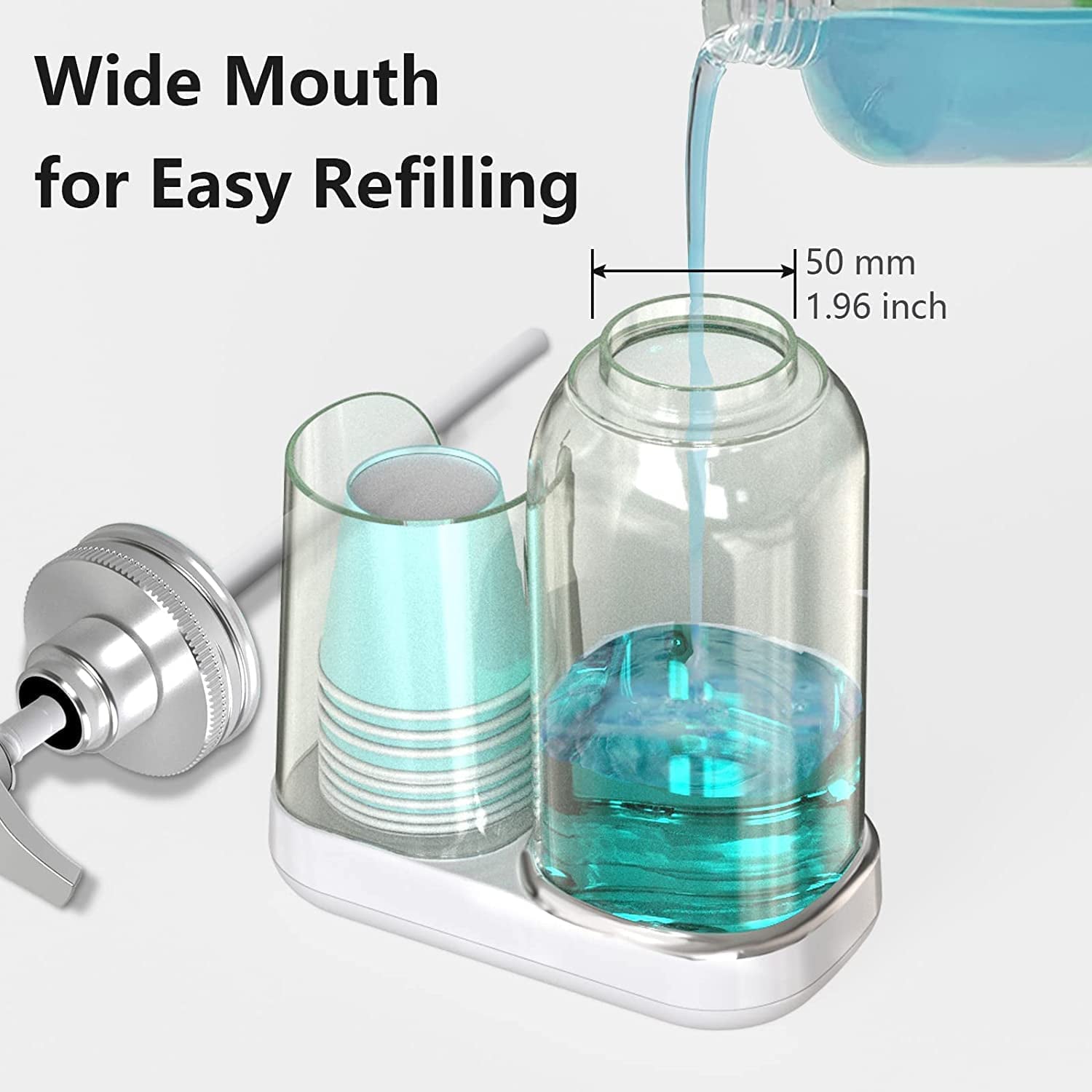 WhiteRhino 25oz Mouthwash Pump Dispenser， Clear Mouthwash Container with Cup Holder， Refillable Round Bottles， Mouthwash Decanter with 8 Piece 4oz Paper Cup， for Bathroom， Countertop， Cupboard