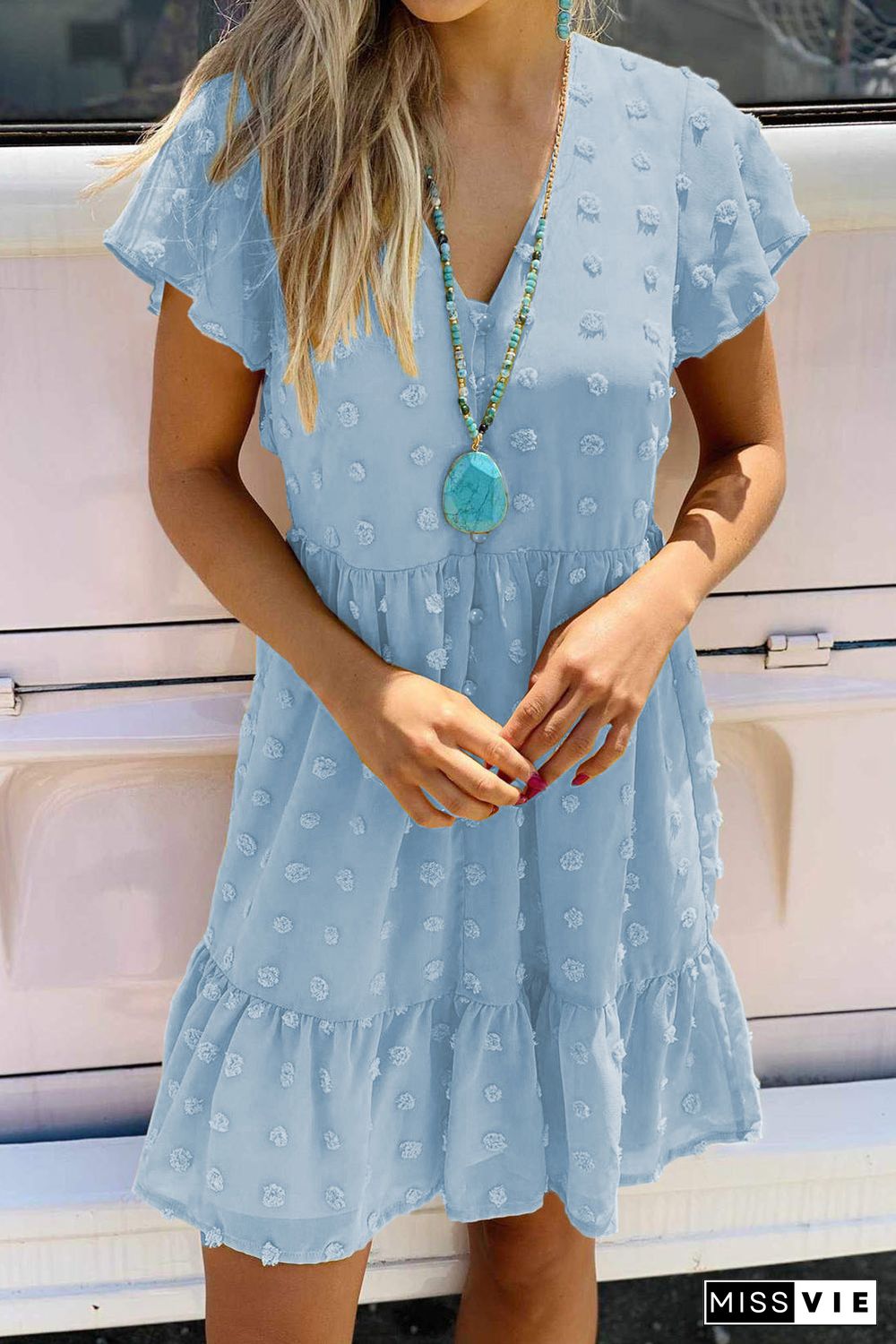 Sky Blue Polka Dot V Neck Ruffled Short Sleeves Mini Dress