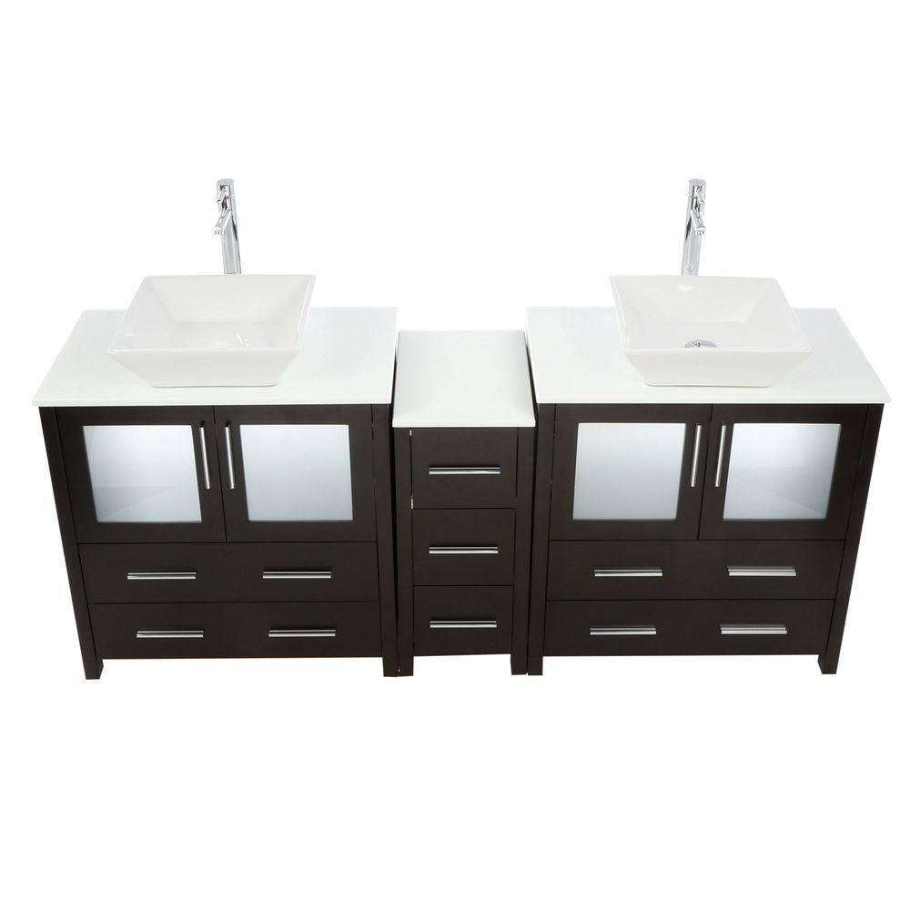 Fresca Torino 72 in. Double Vanity in Espresso with Glass Stone Vanity Top in White with White Basins and Mirrors FVN62-301230ES-VSL