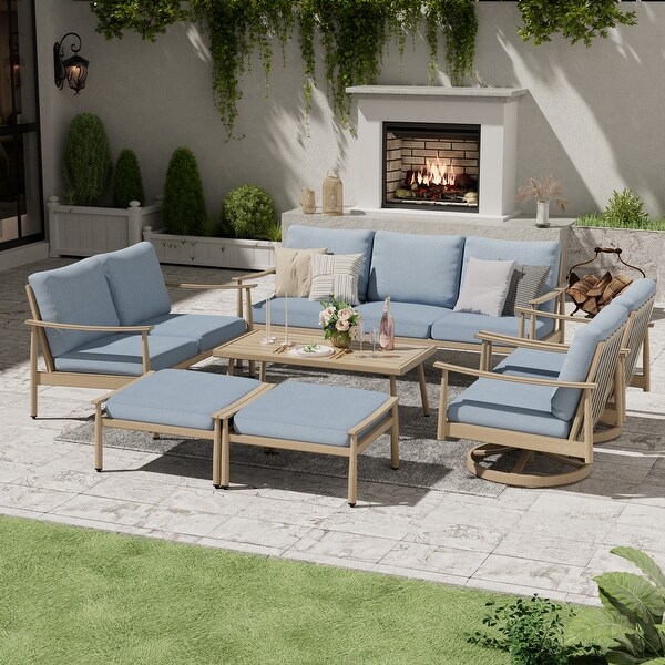 7Piece Aluminum Patio Conversation Set，3Seat Outdoor Couch and Loveseat with 2 Swivel Armchairs， Ottomans and Coffee Table