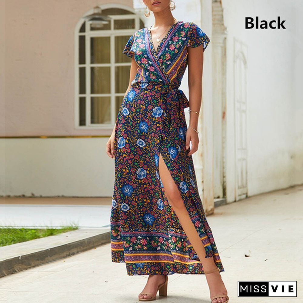 New Summer Women Fashion Floral Print Sexy Deep V Neck Short Sleeve Evening Party Long Casual Maxi Dresses With Belt Boho Beach Sundress, Kleid, Robe de femme