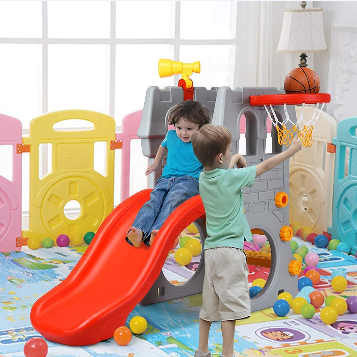 Costzon 4 in 1 Slide for Kids, Toddler Climber Slide Set with Basketball Hoop