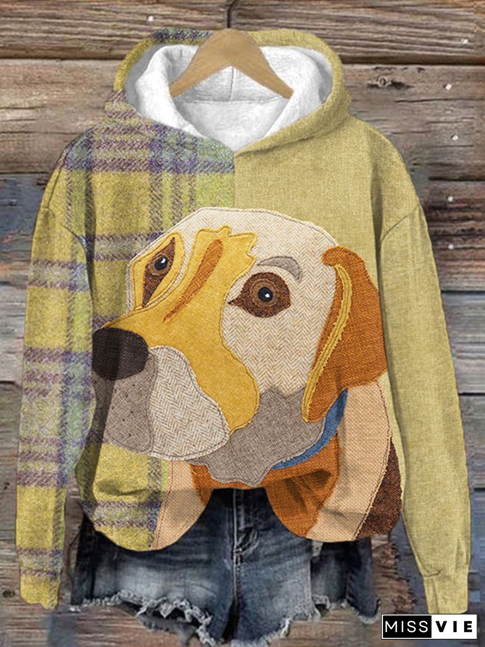 Plaid Dog Print Long Sleeve Hoodie