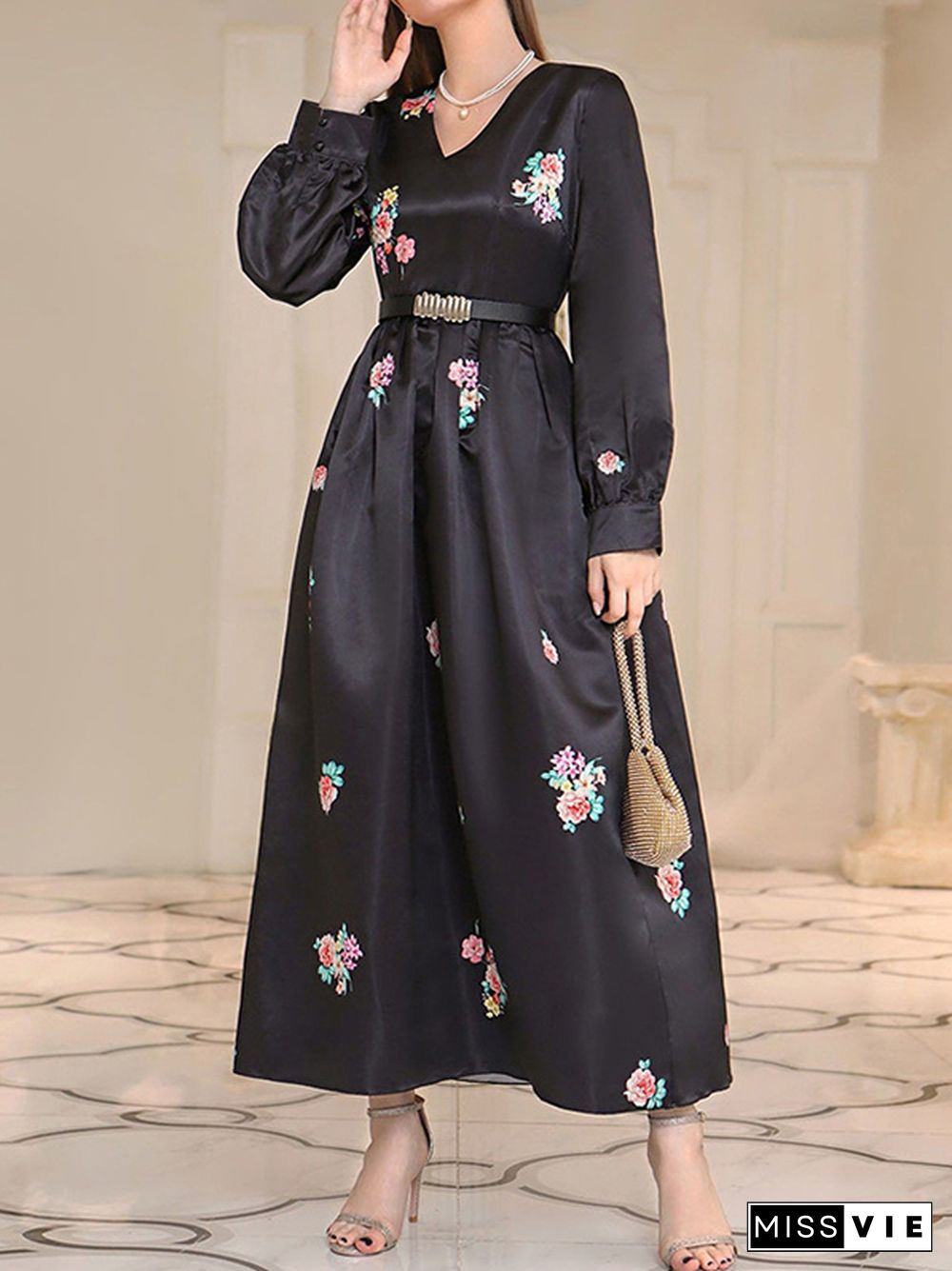 A-Line High Waisted Belted Flower Print V-Neck Maxi Dresses