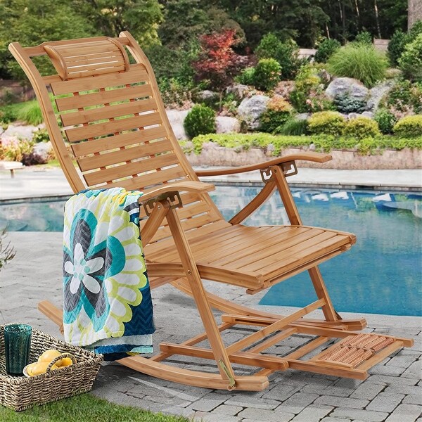 Large Bamboo Folding Rocking Chair Lounge Chair for Balcony Outdoor