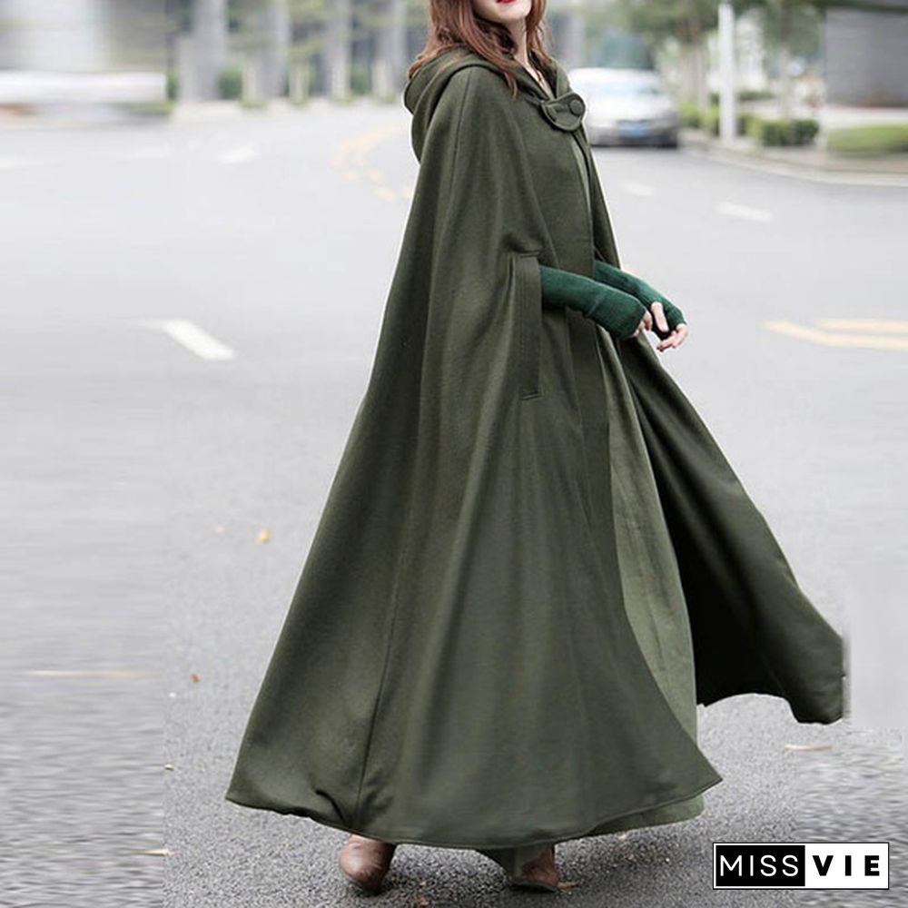 ZANZEA Cosplay Novel Shawl Pluvial Cocktail Long Coat Women Hooded Cloak Button Robe