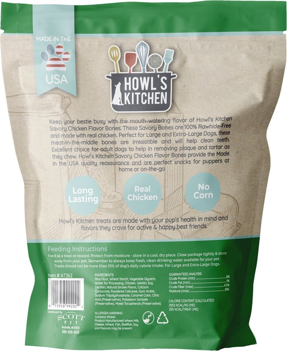 Howl's Kitchen Large Chicken Savory Bones Dog Treat， 13-oz bag