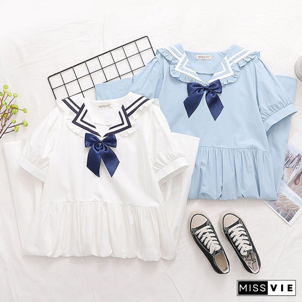 Bow Decor Sailor Collar Lace Up A-line Dress