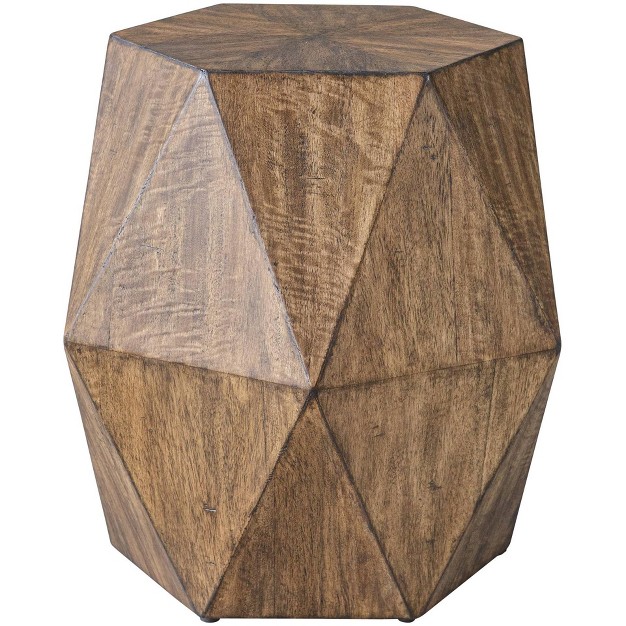 Wide Burnished Honey Wood Geometric Accent Table