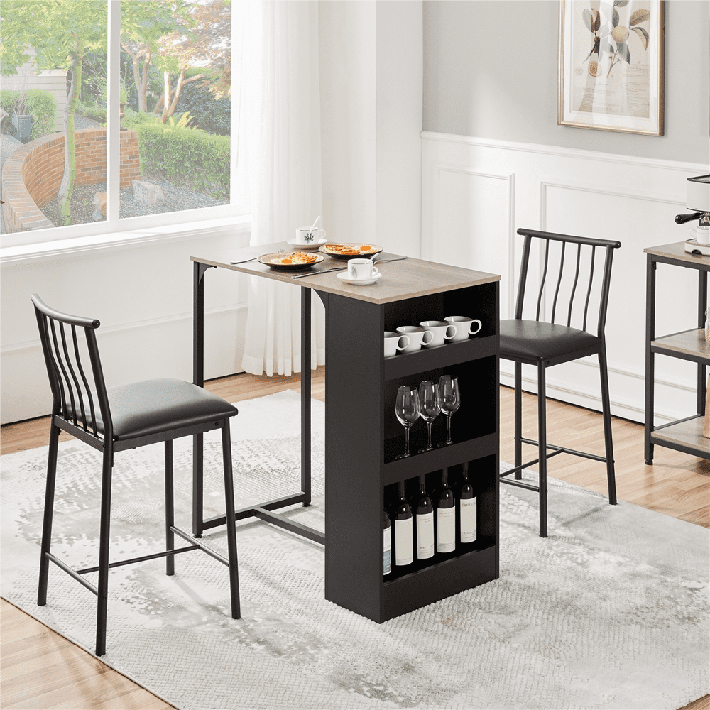 Topeakmart 3-Piece Wooden Counter Height Dining Table Set for Kitchen, Dining Room with Storage Black/Gray