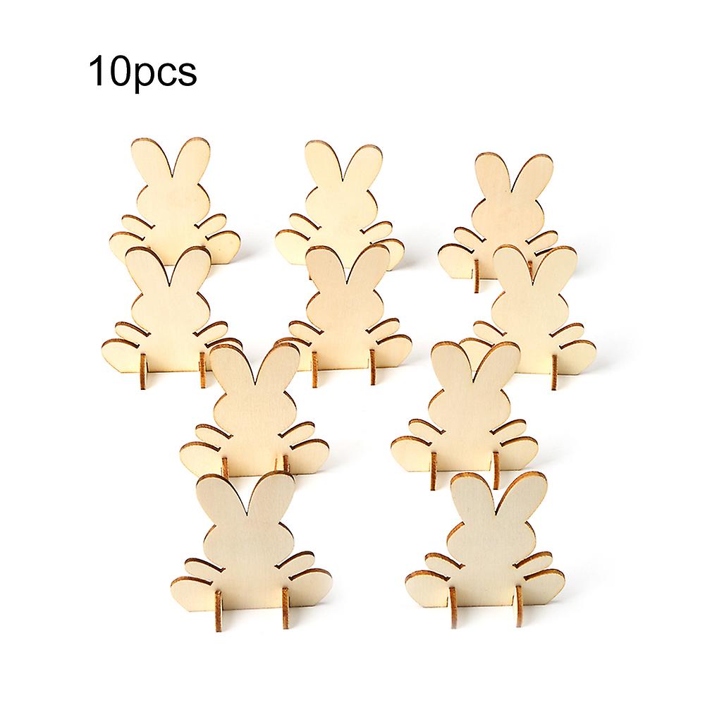 2 10pcs Natural Wooden Cutout Diy Easter Rabbit Ornaments Craft With Plush Ball For Festival Party Home Decoration Gifts