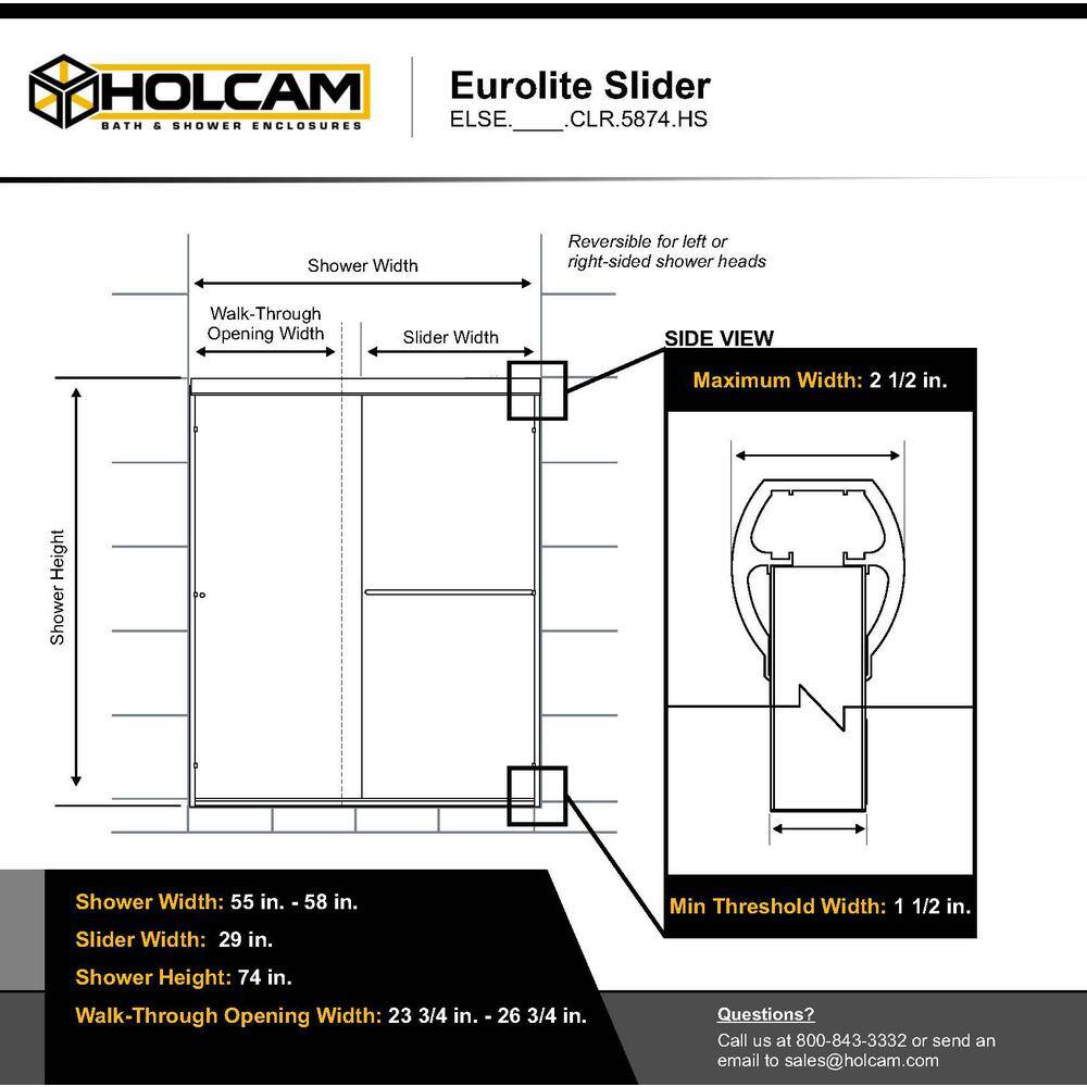 Holcam Eurolite 58 in. x 74 in. Frameless Sliding Shower Door in Silver ELSE.SIL.CLR.5874.HS