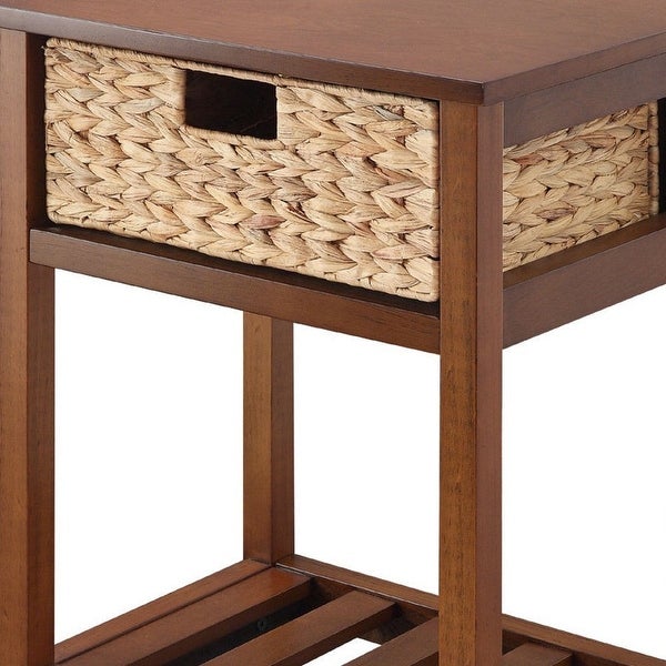 MDF Accent Table with Rattan Storage Basket and Slatted Shelf