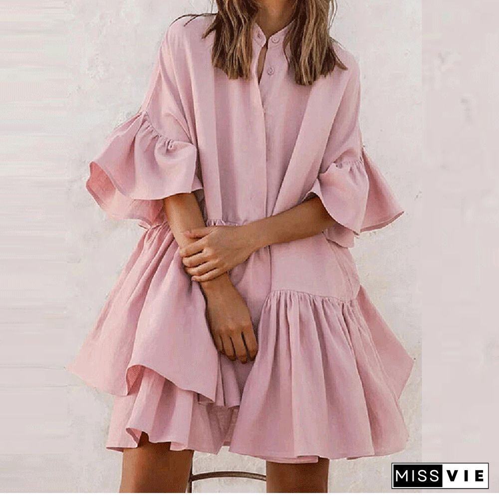 Summer Elegant Pink Ruffle Women Dresses Boho Button Cardigan Chiffon Dresses Casual Vintage Butterfly Sleeve Dress Vestido