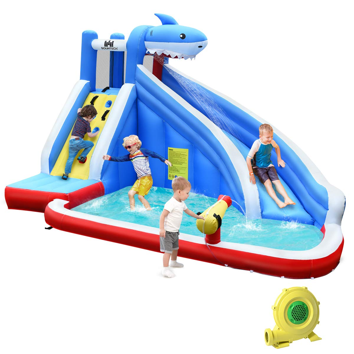 BOUNTECH 4 Kids Shark Themed Mighty Backyard Inflatable Water Slide w/ Climbing Wall