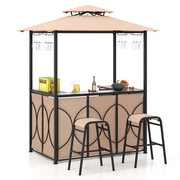 Costway 3 PCS Patio Bar Set with Tempered Glass Bar Table Metal