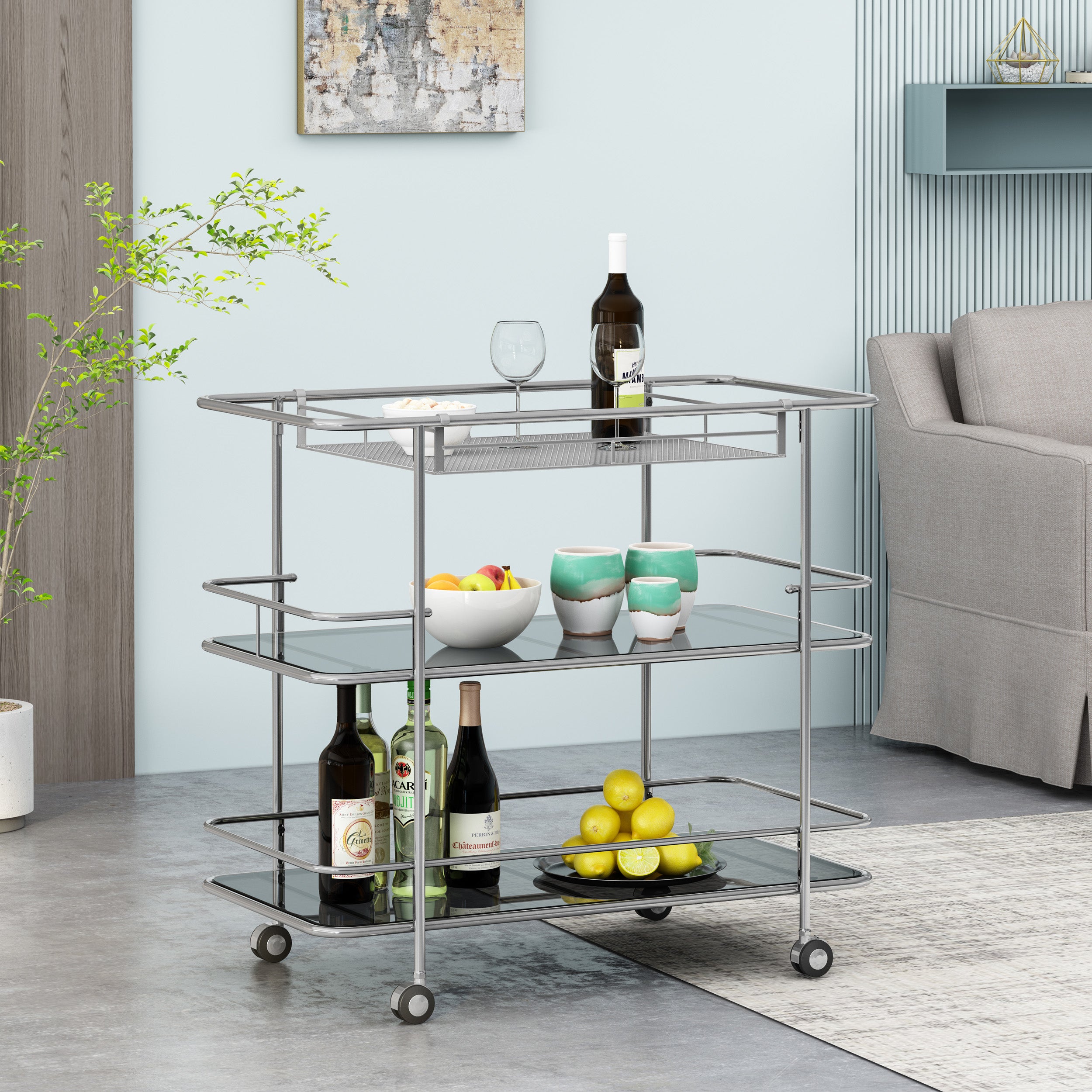 Galata Modern 3 Tier Bar Cart with Glass Shelving, Silver and Black