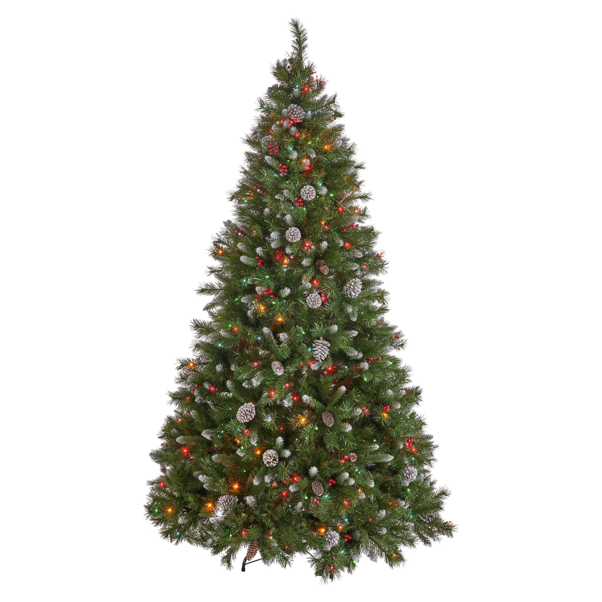 7-foot Mixed Spruce Hinged Artificial Christmas Tree with Frosted Branches, Red Berries, and Frosted Pinecones