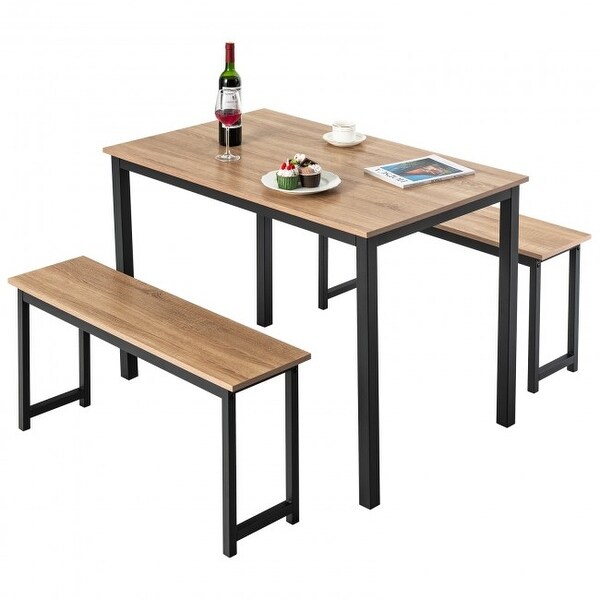 3 Pieces Modern Dining Table Bench Set with Wooden Tabletop and Metal Frame