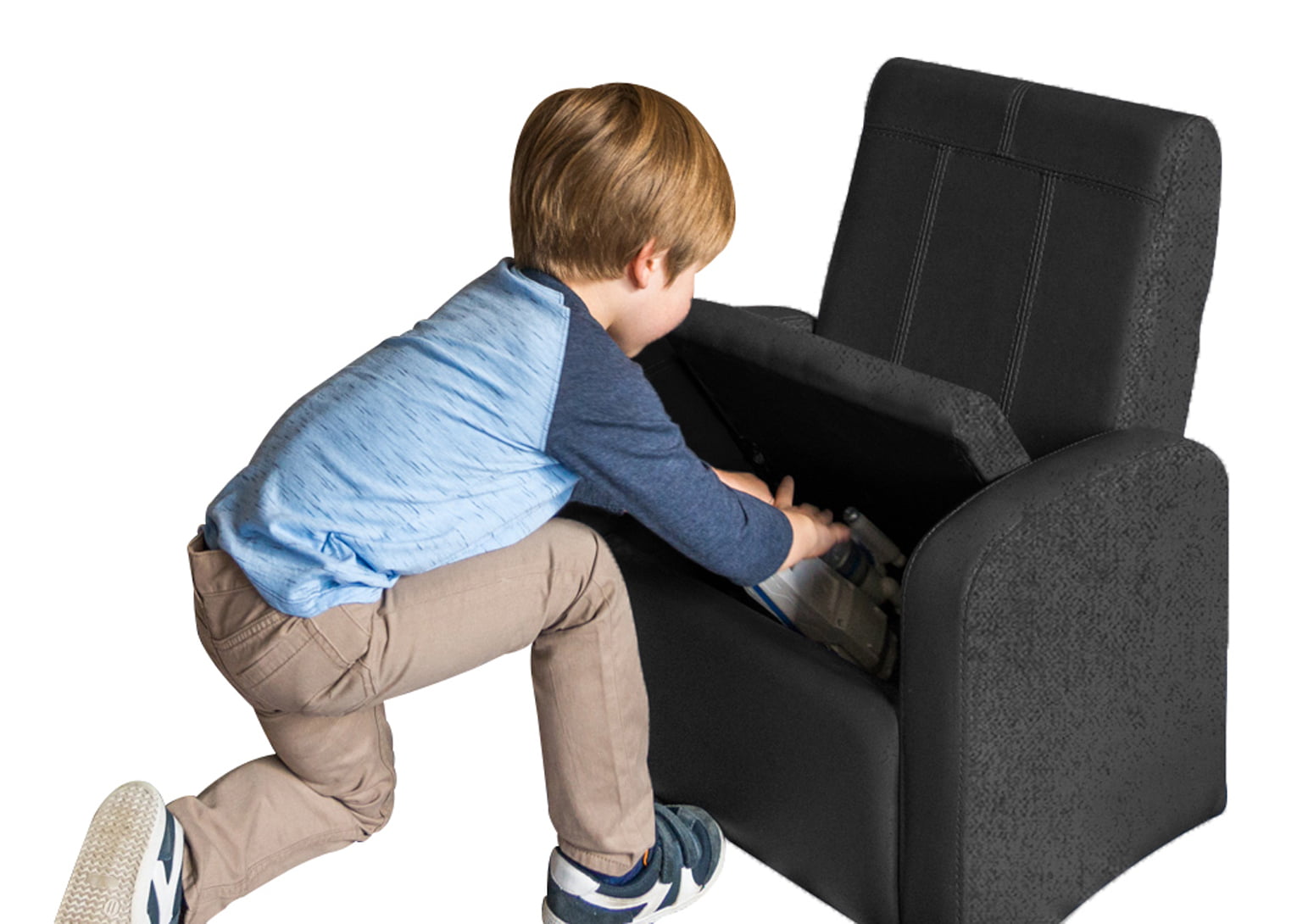 STASH Cute Comfy Kids Recliner Toddler Sofa Chair with Storage Chest for Toys boys girls play-room furniture reading upholstered little mini modern baby children child quality 250lb weight limit black