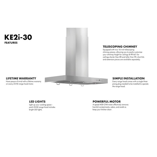 ZLINE Stainless Steel Convertible Vent Island Mounted Range Hood