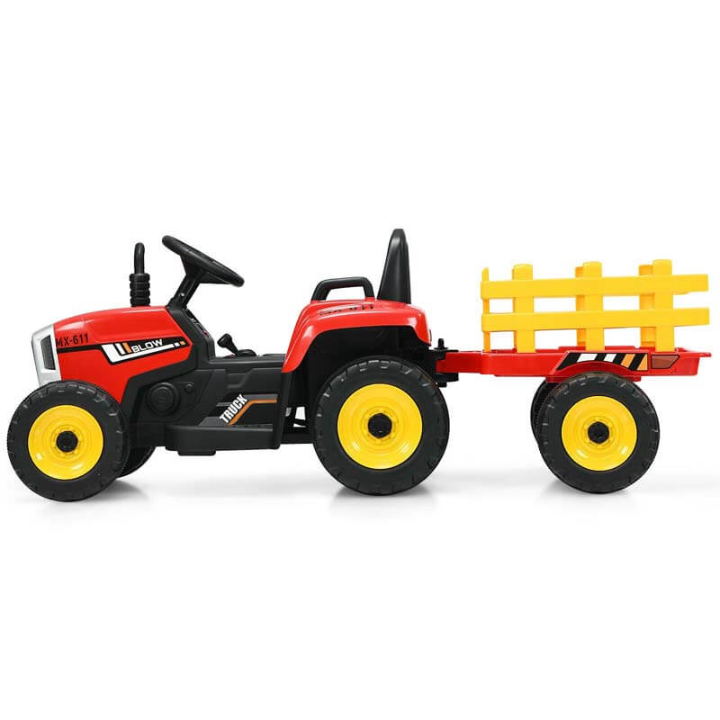 Kids Ride on Tractor w/Trailer 12V Battery Powered Electric Riding Toy Car Vehicle with 3-Gear-Shift Ground Loader