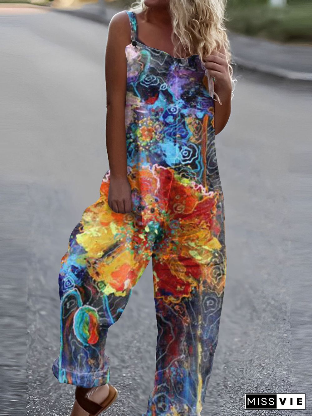 Women's Simple Loose Graphic Printed Sleeveless U-neck Jumpsuits