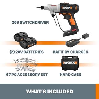 Worx POWER SHARE 20-Volt Switchdriver Cordless 14 in. Drill and Driver with 67-Piece Accessory Kit WX176L.1