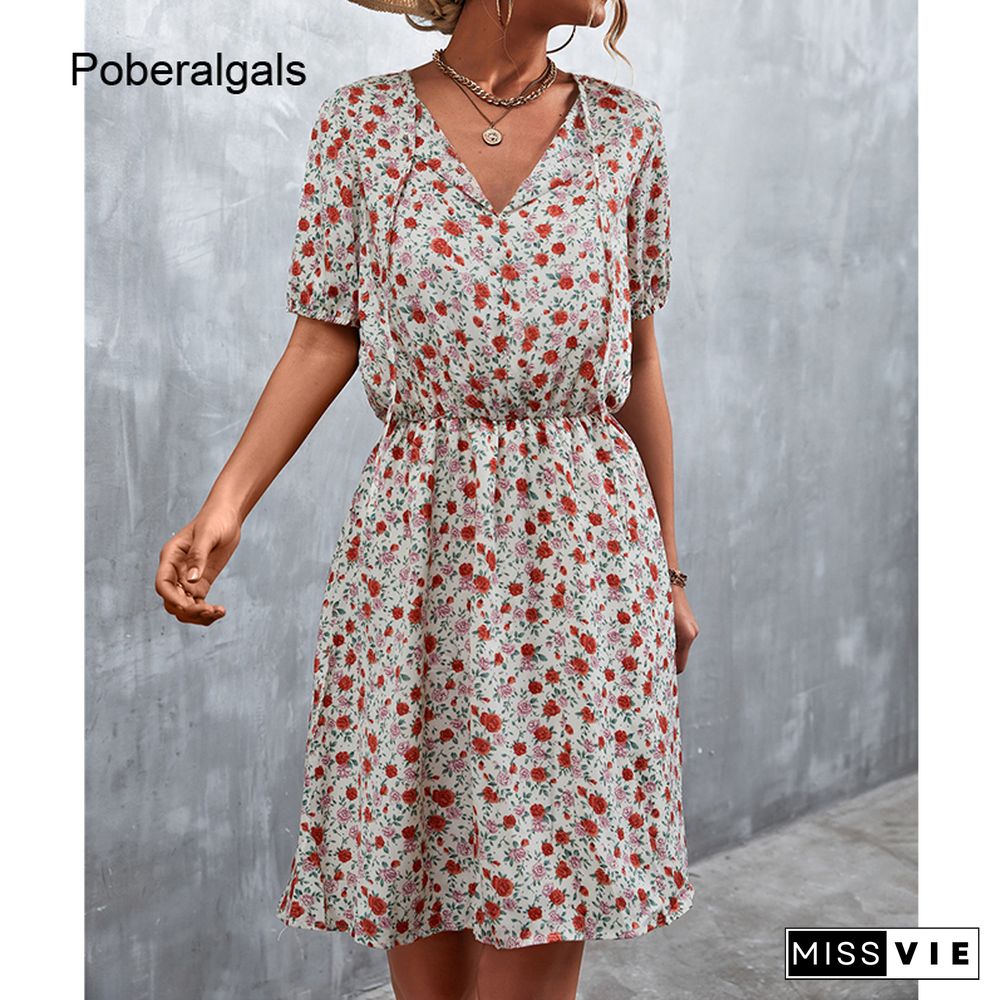 Holiday V-neck Lace-up Dress Summer Print Women Mini Dress Short Sleeves Floral Beach Dresses Women Vintage A-line Vestido