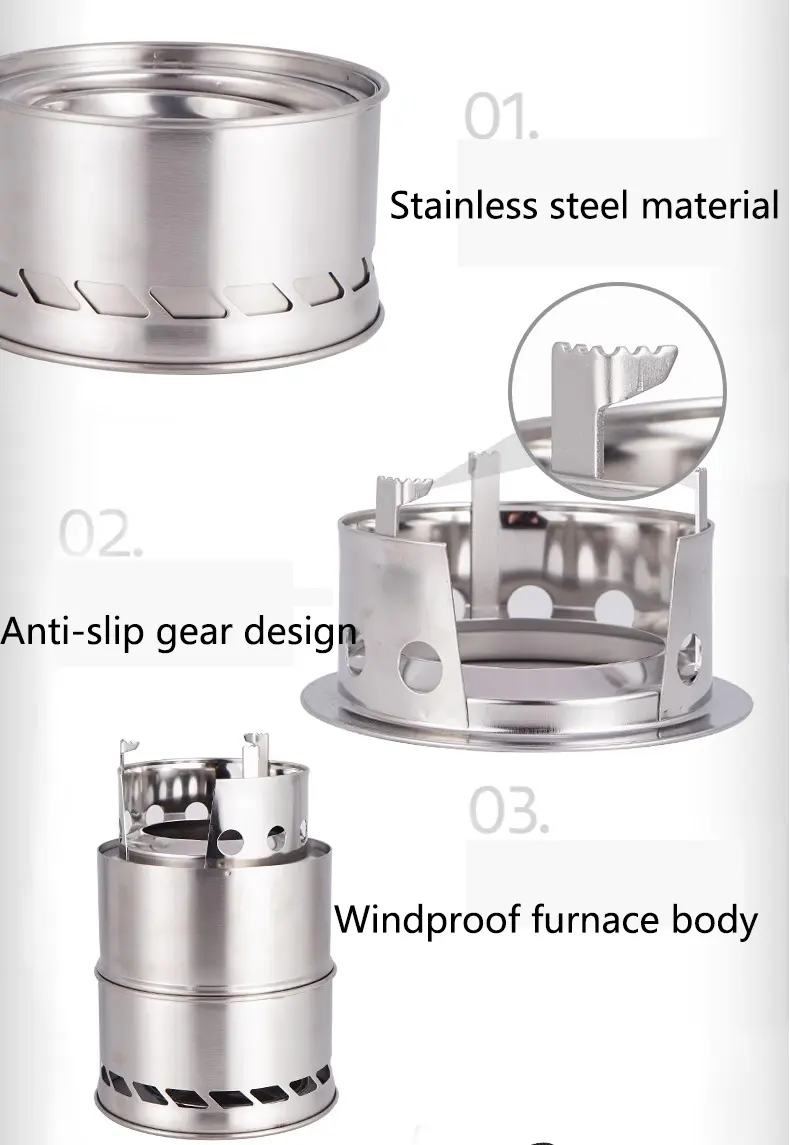 Factory Customized Windproof Stainless Steel Heighten Feet Sufficient Burining Mini Portable  Wood Camping Stove