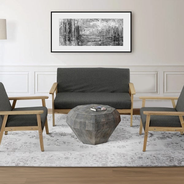 30 Inch Modern Art Coffee Table， 3D Diamond Shape， Solid Mango Wood Weathered Gray