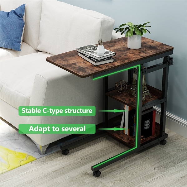 Brown/ Black Wood C-Shaped OverBed SideTable with Wheels， Industrial mobile Bed End Tables for Bedroom