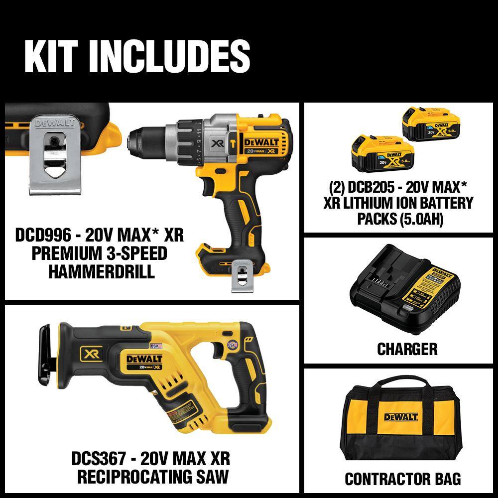 DW 20V MAX XR Cordless Brushless DrillReciprocating Saw 2 Tool Combo Kit with (2) 20V 5.0Ah Batteries and Charger DCK294P2