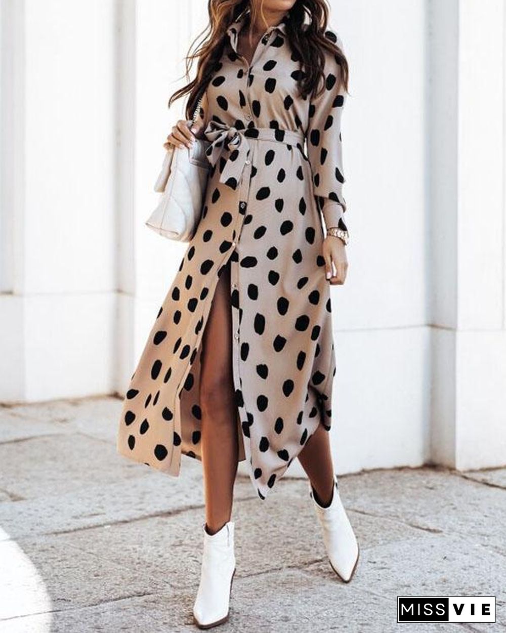 Spring Summer Button Bandage Waist Print Shirt Dresses With Belt