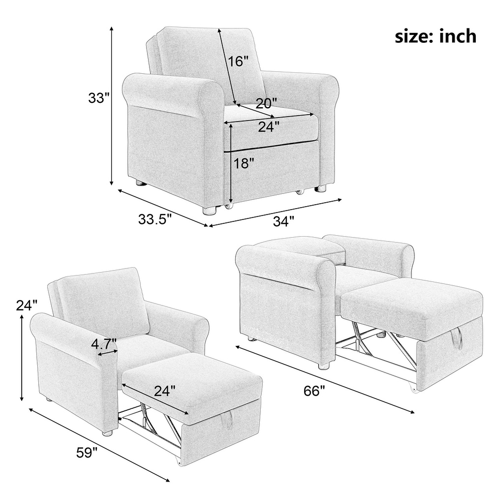 3 in 1 Sofa Bed Convertible Sleeper Chair Bed  Modern Single Recliner Sofa  Linen Chaise Lounge Couch for Livingroom Sofa  Beige