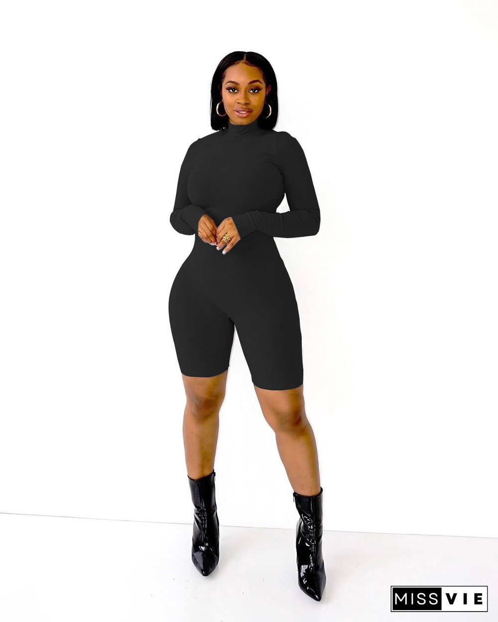 Casual Solid Pit Zip Long Sleeve Jumpsuit