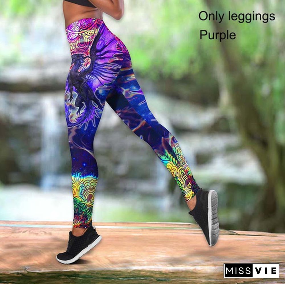 1pc Vest/1pc Pant/2pcs Vest+Pant Dragon Mandala Art 3D Over Printed Leggings + Hollow Tank Top Combo Women Yoga Pants Casual Sports High Waist Gym Fitness Slim Pants Plus Size XS-8XL